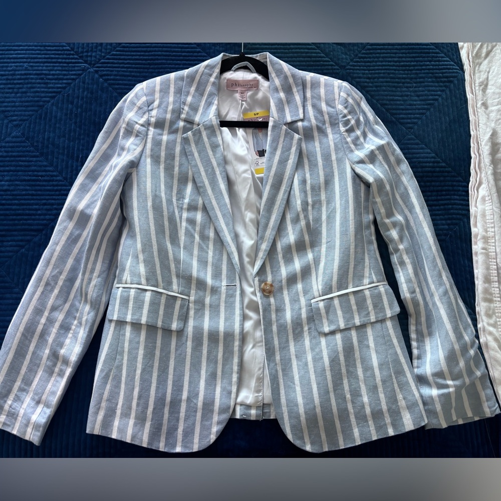 Philosophy Light Blue and White Striped Blazer